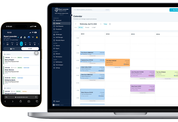 SurgiCalendar surgical scheduling dashboard interface on mobile and desktop